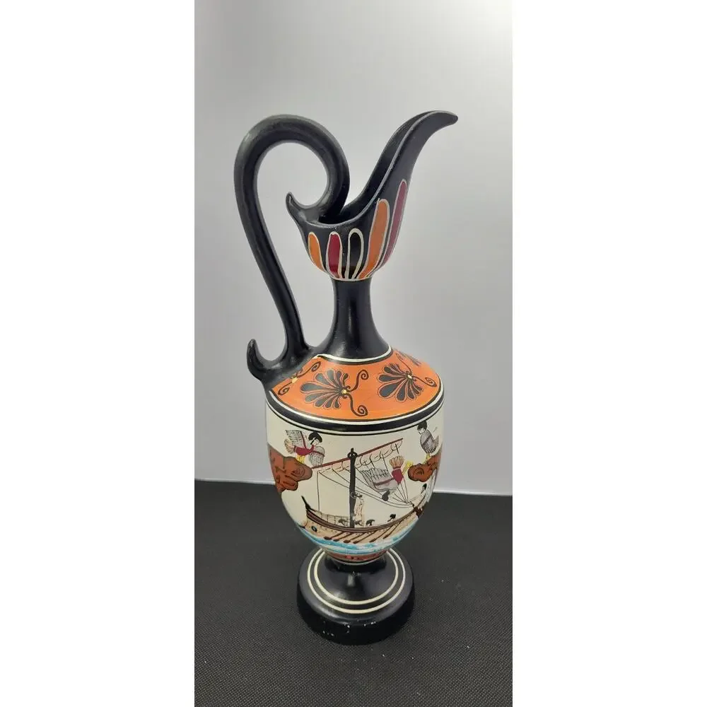 D Vassilopoulos Greek Ewer Vase 12” Hand Painted Greece Ancient Ship Pottery